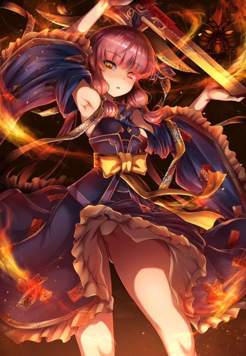 1girl armpits bangs black_dress blue_sleeves brown_hair detached_sleeves dress eyebrows_visible_through_hair fire floating_hair frilled_dress frilled_sleeves frills highres holding holding_sword holding_weapon long_hair long_sleeves looking_at_viewer orange_eyes panties parted_lips sangokushi_taisen shimo_(depthbomb) shiny shiny_hair solo standing sword underwear weapon white_panties