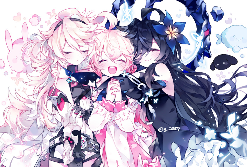 3girls blush elsword eternity_winner_(elsword) eyebrows_visible_through_hair familiar frown g_ieep hug laby_(elsword) multiple_girls nisha_(elsword) nisha_labyrinth_(elsword) radiant_soul_(elsword) smile sparkle spirit sweatdrop