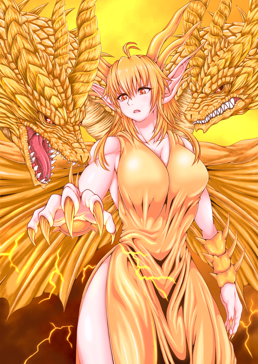 1girl absurdres animal_ears blonde_hair claws commentary dragon dragon_ears dragon_girl dragon_horns dragon_wings electricity eyebrows_visible_through_hair fangs godzilla:_king_of_the_monsters godzilla_(series) hair_between_eyes highres horns kaijuu king_ghidorah king_ghidorah_(godzilla:_king_of_the_monsters) long_hair looking_at_viewer monster_girl multiple_heads muscle mynameissuusan open_mouth orange_eyes personification pointy_ears scales sharp_teeth slit_pupils teeth translation_request wings yellow_background