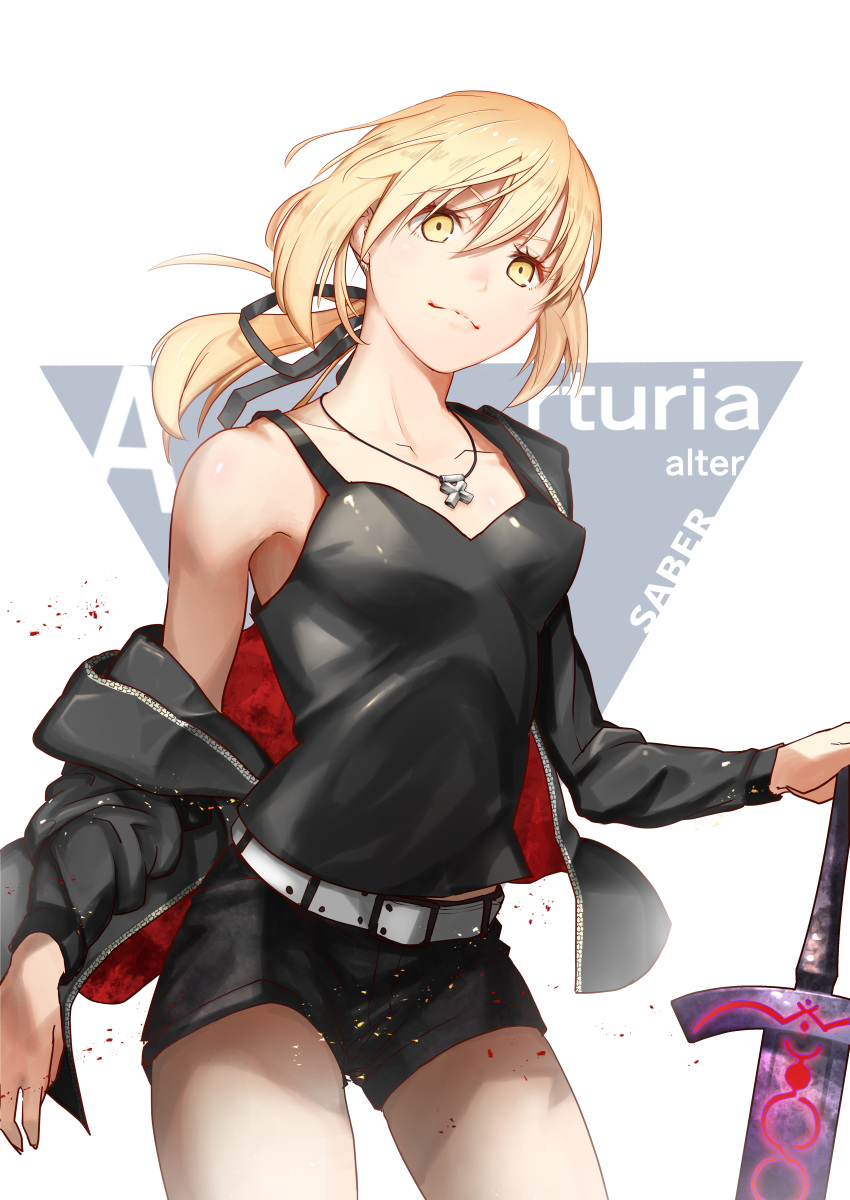 1girl absurdres artoria_pendragon_(all) belt black_jacket black_ribbon black_shirt black_shorts blonde_hair character_name collarbone cowboy_shot dark_excalibur fate/stay_night fate_(series) floating_hair hair_ribbon hand_on_hilt highres jacket jewelry long_hair looking_at_viewer nakanishi_tatsuya necklace open_clothes open_jacket ponytail ribbon saber_alter shirt short_shorts shorts sleeveless sleeveless_shirt smile solo sword weapon white_background yellow_eyes