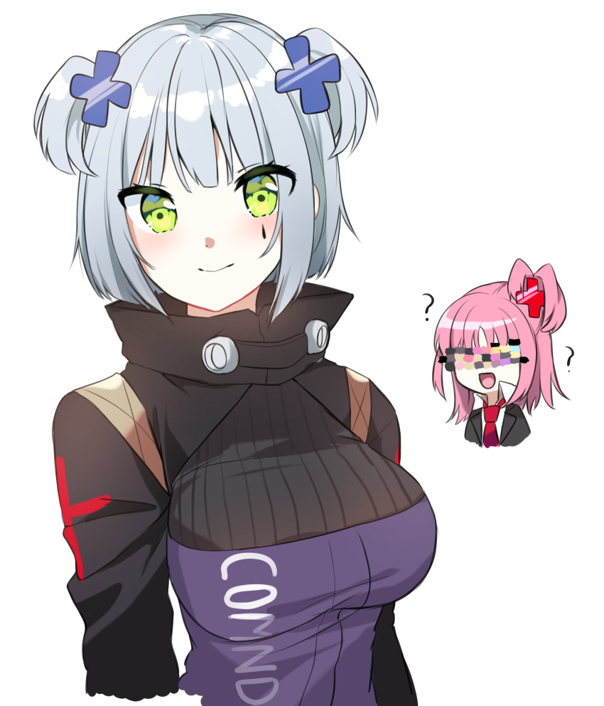 2girls alternate_hair_length alternate_hairstyle blush breasts girls_frontline green_eyes hair_ornament hairclip highres hinamori_amu hk416_(girls_frontline) iron_cross looking_at_viewer medium_breasts military_jacket multiple_girls pink_hair short_hair shugo_chara! silver_hair simple_background smile solo_focus teardrop upper_body urim_(paintur) white_background