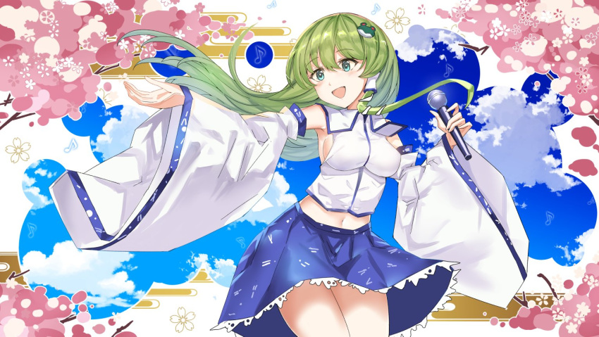 1girl :d aqua_eyes bangs bare_shoulders blue_skirt blue_sky blush breasts cherry_blossoms cloud commentary_request cowboy_shot crop_top day detached_sleeves eighth_note eyebrows_visible_through_hair floating_hair frog_hair_ornament green_hair hair_between_eyes hair_ornament hair_tubes hand_up holding holding_microphone kochiya_sanae long_hair long_sleeves medium_breasts microphone midriff musical_note navel open_mouth reaching_out rinaka_moruchi single_sidelock skirt sky smile snake_hair_ornament solo standing thighs touhou wide_sleeves