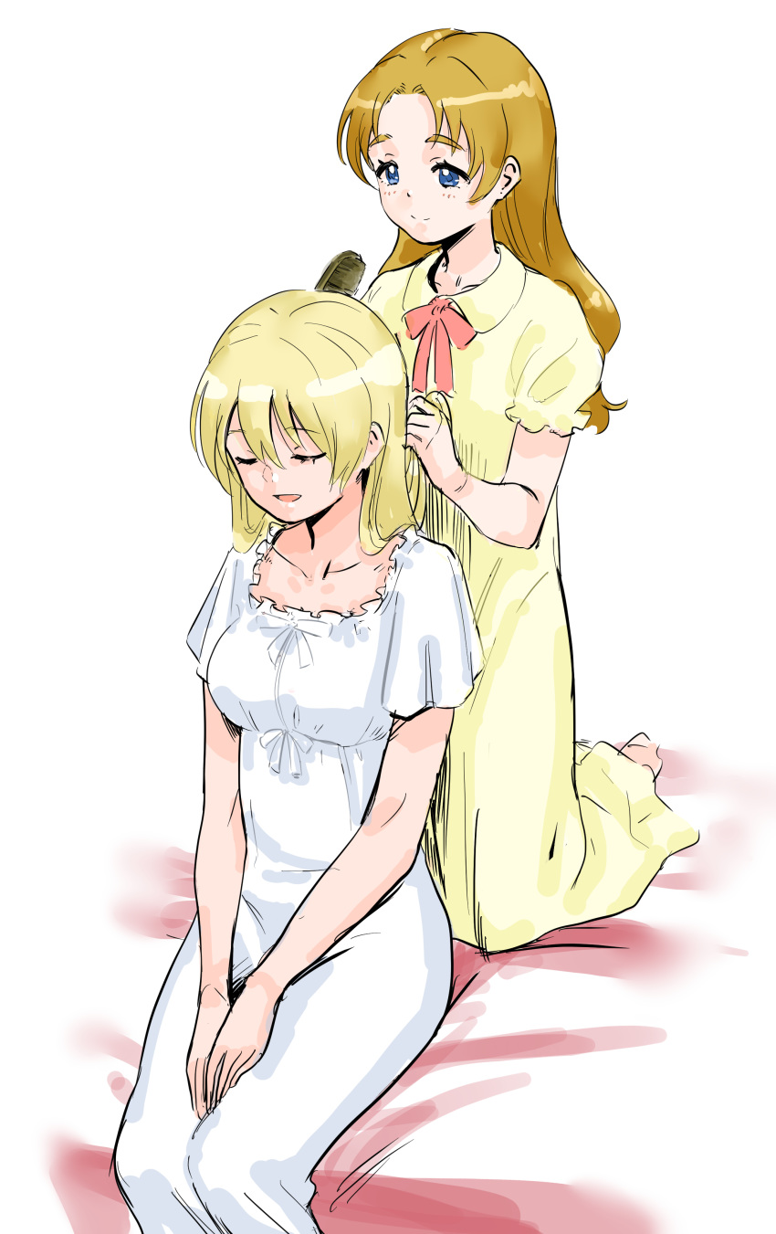 2girls absurdres alternate_hairstyle bangs bed brushing_another's_hair closed_mouth commentary darjeeling dress english_commentary eyes_closed girls_und_panzer hair_down hands_on_lap highres hisaki kneeling light_blush light_smile long_dress long_hair multiple_girls nightgown on_bed open_mouth orange_pekoe short_sleeves sitting smile white_dress yellow_dress