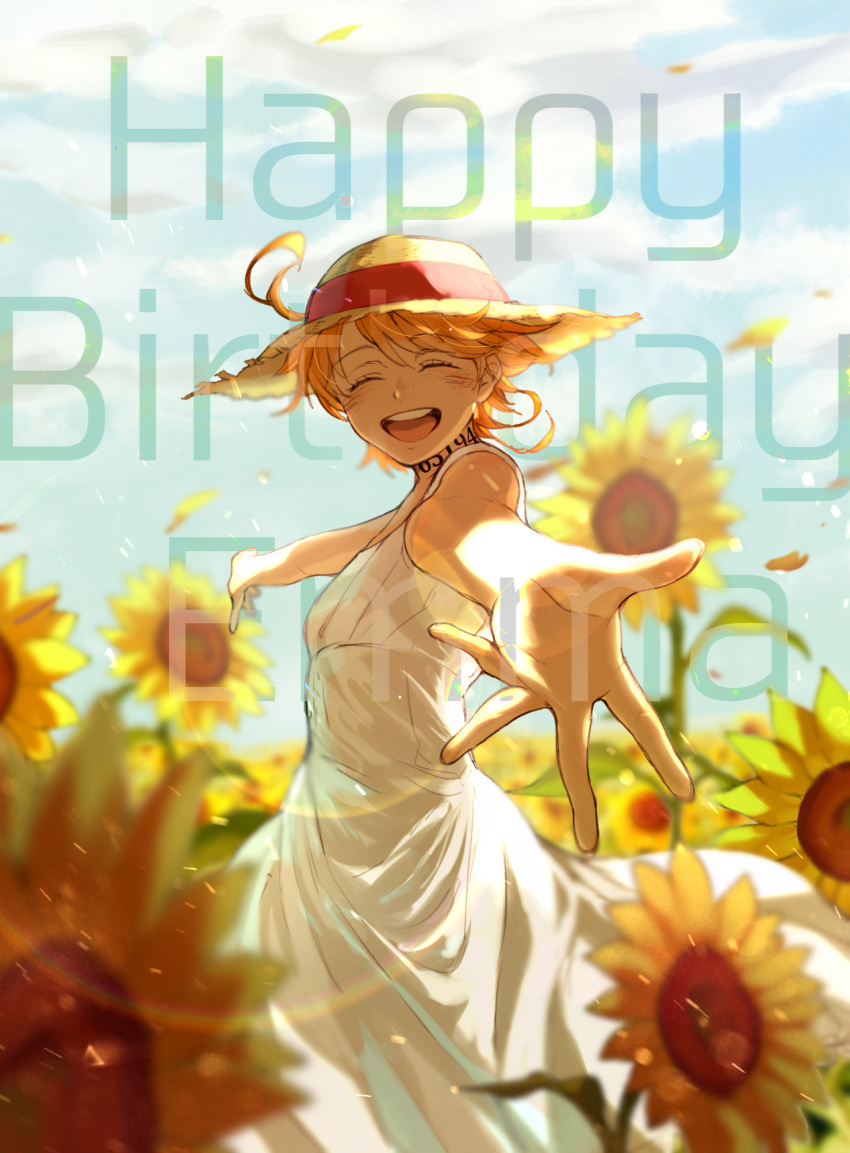 1girl ahoge blue_sky blurry blurry_background blush character_name cloud day dress emma_(yakusoku_no_neverland) eyes_closed facing_viewer flower happy happy_birthday hat highres mao_(pixiv_id_21075262) neck_tattoo orange_hair outstretched_hand petals short_hair sky smile solo standing straw_hat sun_hat sunflower tattoo white_dress yakusoku_no_neverland