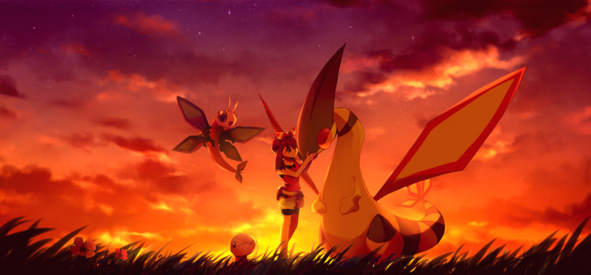 1girl backlighting bike_shorts black_shorts blue_eyes brown_hair creatures_(company) evening flower flygon game_freak gen_3_pokemon hairband haruka_(pokemon) long_hair nintendo outdoors pink_flower pokemon pokemon_(creature) pokemon_(game) pokemon_oras red_flower red_hairband red_shirt ribero scenery shirt short_shorts shorts shorts_under_shorts sky sleeveless sleeveless_shirt standing star_(sky) starry_sky striped striped_hairband trapinch vibrava white_shorts