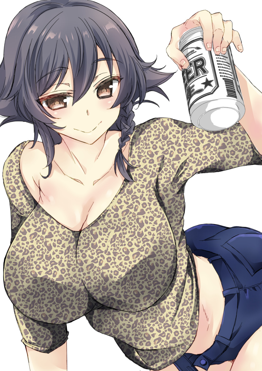 1girl abenattou alcohol animal_print ass beer black_hair blush braid breasts brown_eyes can cleavage closed_mouth eyebrows eyebrows_visible_through_hair girls_und_panzer highres huge_breasts large_breasts leaning_forward leopard_print looking_at_viewer midriff monochrome_background pepperoni_(girls_und_panzer) shiny shiny_hair short_hair short_shorts shorts simple_background smile solo white_background