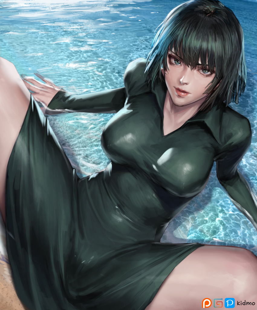 1girl absurdres bangs breasts dress fubuki_(one-punch_man) green_dress green_eyes green_hair highres huge_filesize kimdonga large_breasts looking_at_viewer lying on_back one-punch_man partially_submerged short_hair spread_legs thighs water