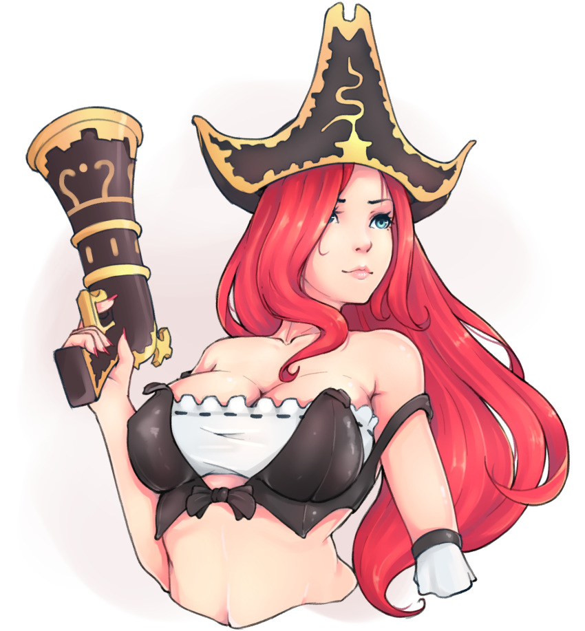 1girl bandeau bare_shoulders black_bikini_top blue_eyes breasts cleavage cropped_torso dulapda erect_nipples gun handgun hat highres holding holding_gun holding_weapon large_breasts league_of_legends lips long_hair looking_away looking_to_the_side nail_polish navel pink_lips pink_nails pirate_hat pistol red_hair ribbon_trim sarah_fortune solo strap_slip upper_body very_long_hair weapon white_background