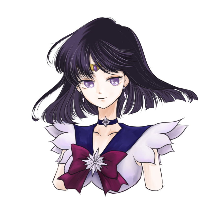 1girl amethyst_(stone) arms_at_sides bare_arms bishoujo_senshi_sailor_moon black_hair bow brooch choker closed_mouth collarbone earrings female gem hagu_kichi_(hgk) highres jewelry looking_at_viewer magical_girl neck necklace outer_senshi purple_bow purple_choker purple_eyes purple_sailor_collar sailor_collar sailor_saturn sailor_senshi_uniform short_hair simple_background smile solo star star_necklace tiara tomoe_hotaru upper_body white_background