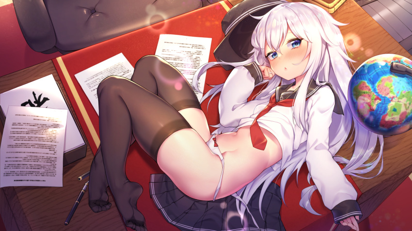 1girl anchor_symbol bangs black_legwear black_skirt blue_eyes blush bow bow_panties chair closed_mouth collarbone commentary_request desk feet flat_cap full-face_blush globe hair_between_eyes hat hat_removed headwear_removed hibiki_(kantai_collection) highres kantai_collection long_hair long_sleeves looking_at_viewer lying navel no_shoes on_desk on_side panties paper pen pleated_skirt red_neckwear sailor_collar school_uniform serafuku shennai_misha shirt side-tie_panties silver_hair skindentation skirt skirt_pull skirt_removed solo table thighhighs toes underwear untied untied_panties white_hair white_panties