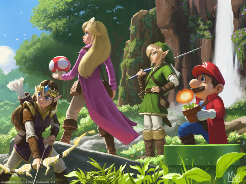 arrow bag blonde_hair blue_eyes boots bow brown_hair coat facial_hair fire_flower forest gloves link long_hair mario mario_(series) master_sword mauricio_abril mushroom mustache nature nintendo pointy_ears princess_peach princess_zelda red_mushroom shield short_hair super_mario sword the_legend_of_zelda tiara tunic water waterfall weapon