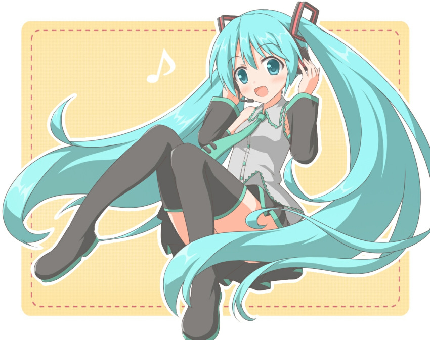 1girl :d aqua_eyes aqua_hair bangs bare_shoulders black_footwear black_legwear black_skirt black_sleeves blush boots collared_shirt commentary_request detached_sleeves eighth_note eyebrows_visible_through_hair full_body green_neckwear grey_shirt hair_between_eyes hair_ornament hands_up hatsune_miku headphones headset long_sleeves musical_note necktie open_mouth pleated_skirt shino_megumi shirt skirt sleeveless sleeveless_shirt smile solo thigh_boots thighhighs tie_clip vocaloid