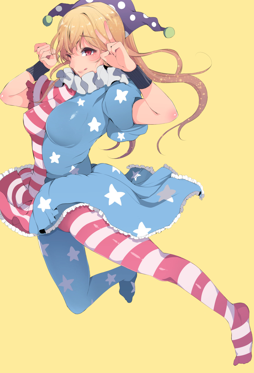 1girl absurdres alternate_breast_size american_flag american_flag_dress american_flag_legwear blonde_hair blue_dress blue_legwear breasts closed_mouth clownpiece commentary_request dress dress_lift frilled_dress frills hat highres impossible_clothes jester_cap jumping large_breasts light_smile looking_at_viewer looking_to_the_side medium_hair multicolored multicolored_clothes multicolored_dress multicolored_legwear neck_ruff older one_eye_closed pantyhose pink_eyes polka_dot_hat puffy_short_sleeves puffy_sleeves purple_headwear red_dress red_legwear sakurayu_haru short_sleeves simple_background solo star star_print striped striped_dress striped_legwear tongue tongue_out touhou v wrist_cuffs yellow_background