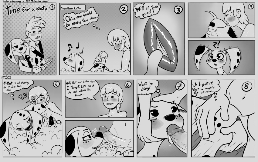 101_dalmatian_street absurd_res all_fours bestiality blush canid canine canis comic dalmatian dolly_(101_dalmatians) domestic_dog duo female feral hi_res human human_on_feral interspecies invalid_tag licking male male/female mammal oral penis pussy soulcentinel sucking text tongue tongue_out