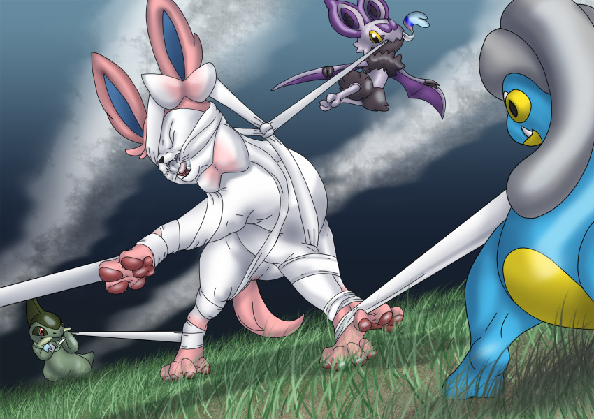 axew bagon bdsm bondage bound captured caught digital_drawing_(artwork) digital_media_(artwork) eeveelution feet female feral feral_bondage fur gag gagged hi_res nintendo noibat open_mouth paws pok&eacute;mon pok&eacute;mon_(species) pokemon_species pussy raptorroper sylveon tongue video_games white_fur