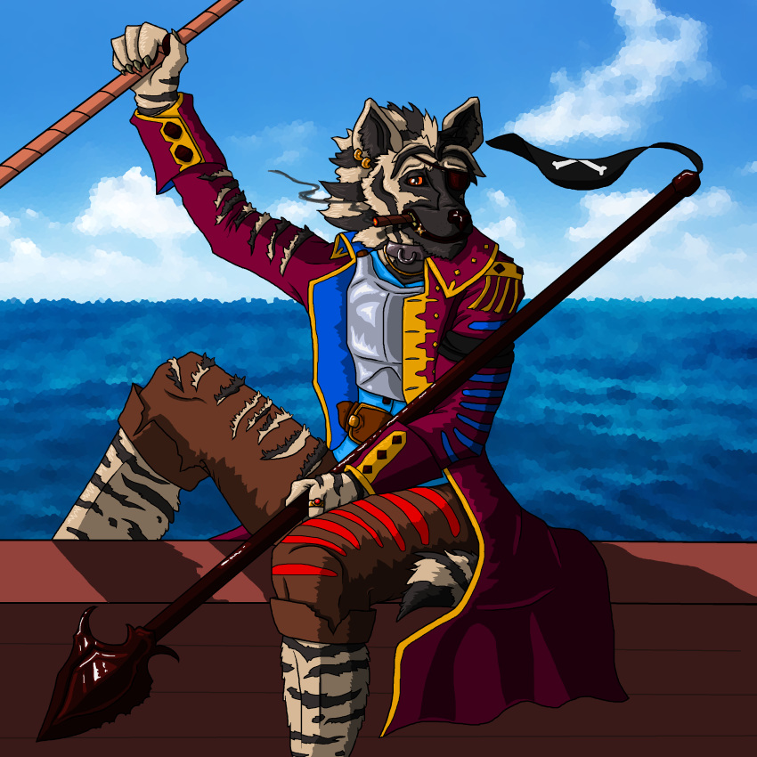 absurd_res anthro armor belt boat breastplate cigar clothed clothing coat collar ear_piercing ear_ring eye_patch eyewear fully_clothed gnoll gold_(metal) gold_tooth grin harpoon hi_res hyaenid kadisurmik looking_at_viewer male mammal melee_weapon outside piercing pirate polearm sea sitting smile solo spear striped_hyena torn_clothing vehicle vest water weapon