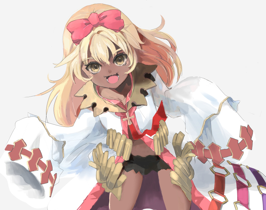 1girl absurdres blonde_hair bow crystar dark_skin fangs hair_bow highres hir0sun huge_filesize jacket long_hair nananana_(777) navel open_mouth oversied_sleeves shorts simple_background sleeves_past_wrists solo white_background yellow_eyes