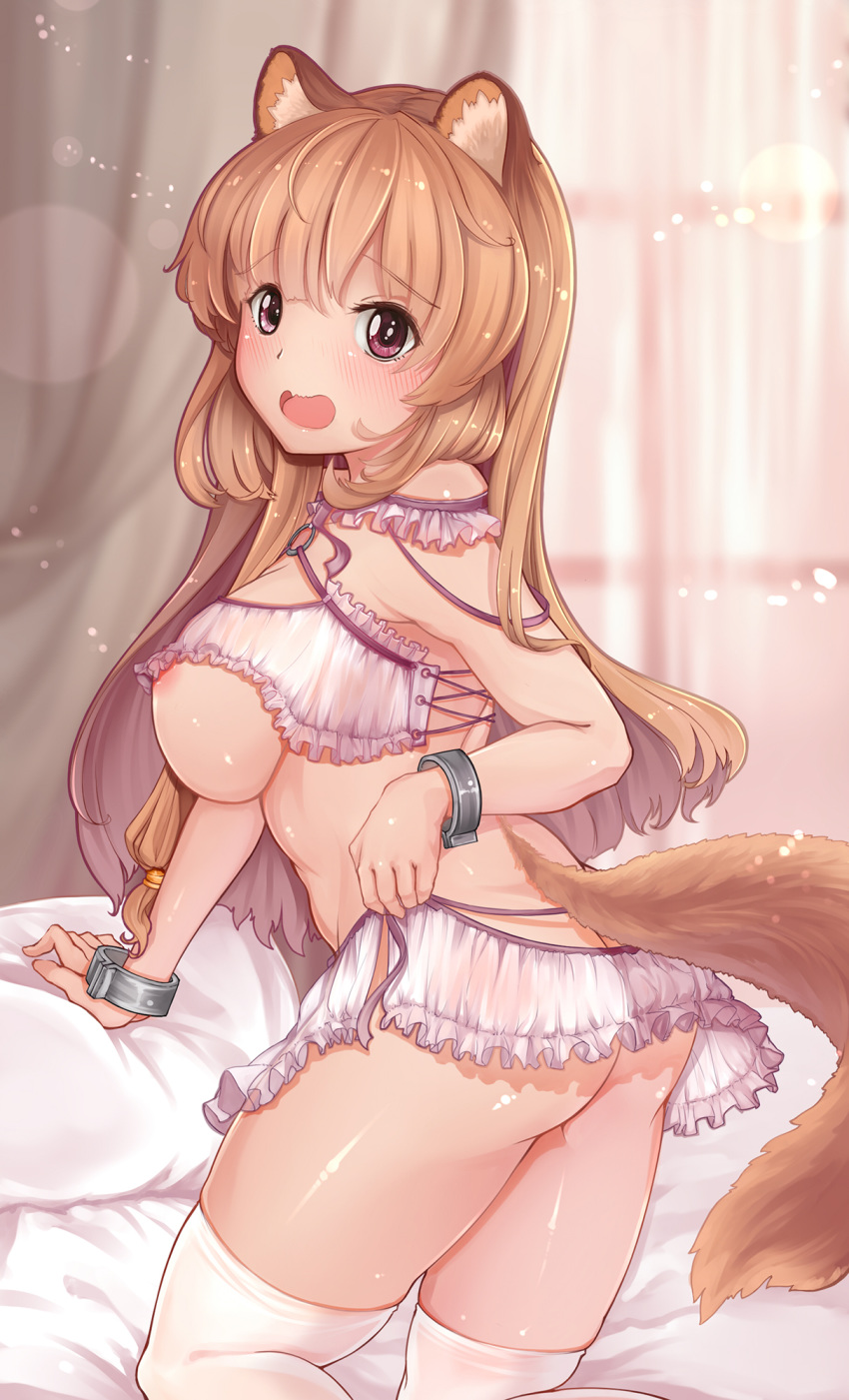 1girl animal_ears ass bangs bare_arms bare_shoulders bed blush breasts brown_hair commentary_request eyebrows_visible_through_hair frills from_behind highres kneeling large_breasts long_hair looking_at_viewer nipples pillow raccoon_ears raccoon_girl raccoon_tail raphtalia revealing_clothes rhineheim skin_fang solo tail tate_no_yuusha_no_nariagari thighhighs white_legwear wrist_cuffs