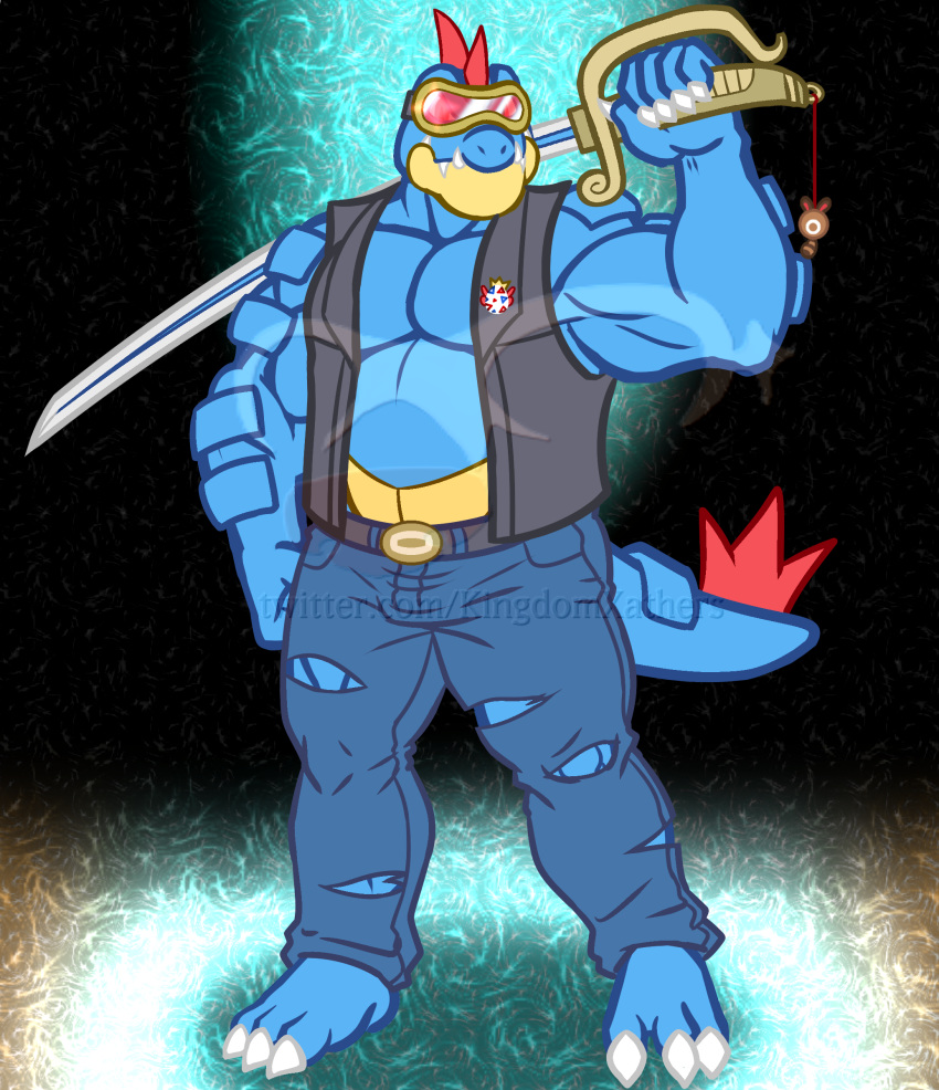 2019 absurd_res anthro badge barefoot belt biceps blue_scales charm claws clothed clothing crocodilian digital_media_(artwork) eyewear feraligatr glint goggles hi_res holding_item holding_object holding_weapon jeans kingdomheartskeeper kingdomxathers lazor_gator lazorgatr looking_at_viewer male melee_weapon musclegut muscular muscular_male nintendo open_vest pants pecs pok&eacute;mon pok&eacute;mon_(species) pok&eacute;morph raised_arm red_eyes reptile scales scalie sentret solo standing sword togepi torn_clothing torn_jeans torn_pants twitch_plays_pok&eacute;mon vest video_games weapon yellow_scales