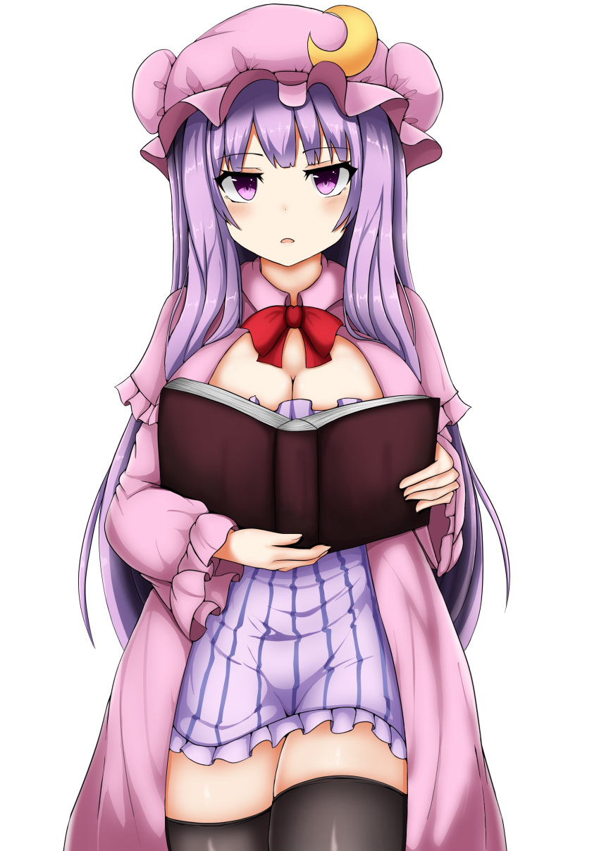 1girl :d absurdres bangs book breasts cleavage dress eyebrows_visible_through_hair hair_between_eyes hat highres holding holding_book isshin_(sasayamakids) jewelry large_breasts long_hair looking_at_viewer moon_(ornament) necklace nightcap nightgown open_mouth patchouli_knowledge purple_eyes purple_hair simple_background sleepwear smile striped striped_dress thighhighs thighs touhou white_background