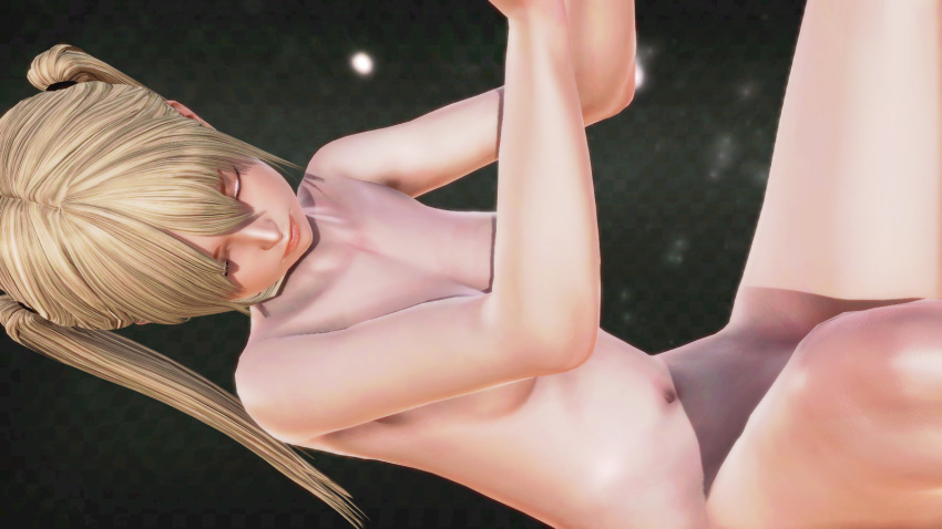 1girl 3d blonde_hair breasts convenient_arm convenient_censoring dead_or_alive eyes_closed highres honey_select illusion_soft light_smile long_hair marie_rose navel nude shadow small_breasts solo sunewaka tied_hair twintails