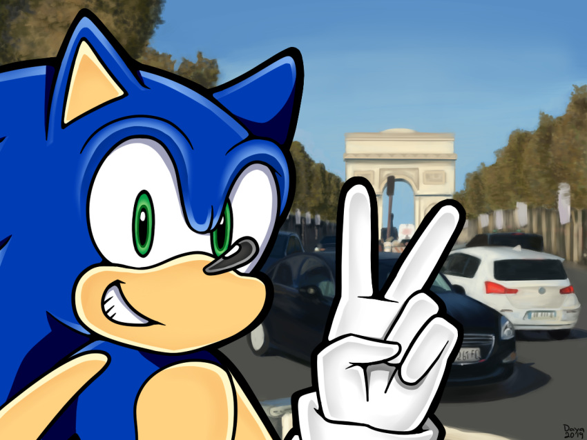 car eulipotyphlan france hedgehog male mammal outside peace_sign_(disambiguation) plant sky smile sonic_(series) sonic_the_hedgehog specialzone vehicle