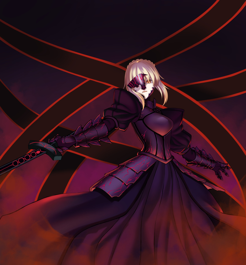 1girl absurdres armor armored_dress artoria_pendragon_(all) black_dress blonde_hair braided_bun dark_excalibur dress fate/stay_night fate_(series) faulds gauntlets gradient gradient_background highres holding holding_sword holding_weapon long_dress looking_at_viewer nemurinemuri open_mouth orange_eyes outstretched_arms saber_alter short_hair solo standing sword weapon