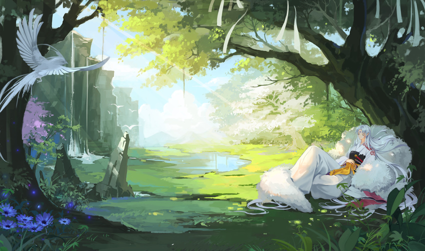 ana_bi animal bird clouds flowers forest inuyasha japanese_clothes long_hair pointed_ears sesshomaru sky sleeping tree water waterfall white_hair