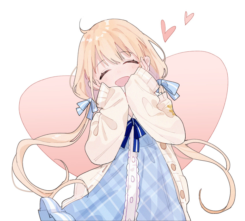 1girl ^_^ ame bangs blonde_hair blue_dress blue_ribbon closed_eyes dress eyebrows_visible_through_hair eyes_closed frilled_dress frills futaba_anzu hair_ornament hair_ribbon hands_on_own_cheeks hands_on_own_face happy heart highres idolmaster idolmaster_cinderella_girls long_hair ribbon simple_background smile sweater_vest twintails unbuttoned very_long_hair