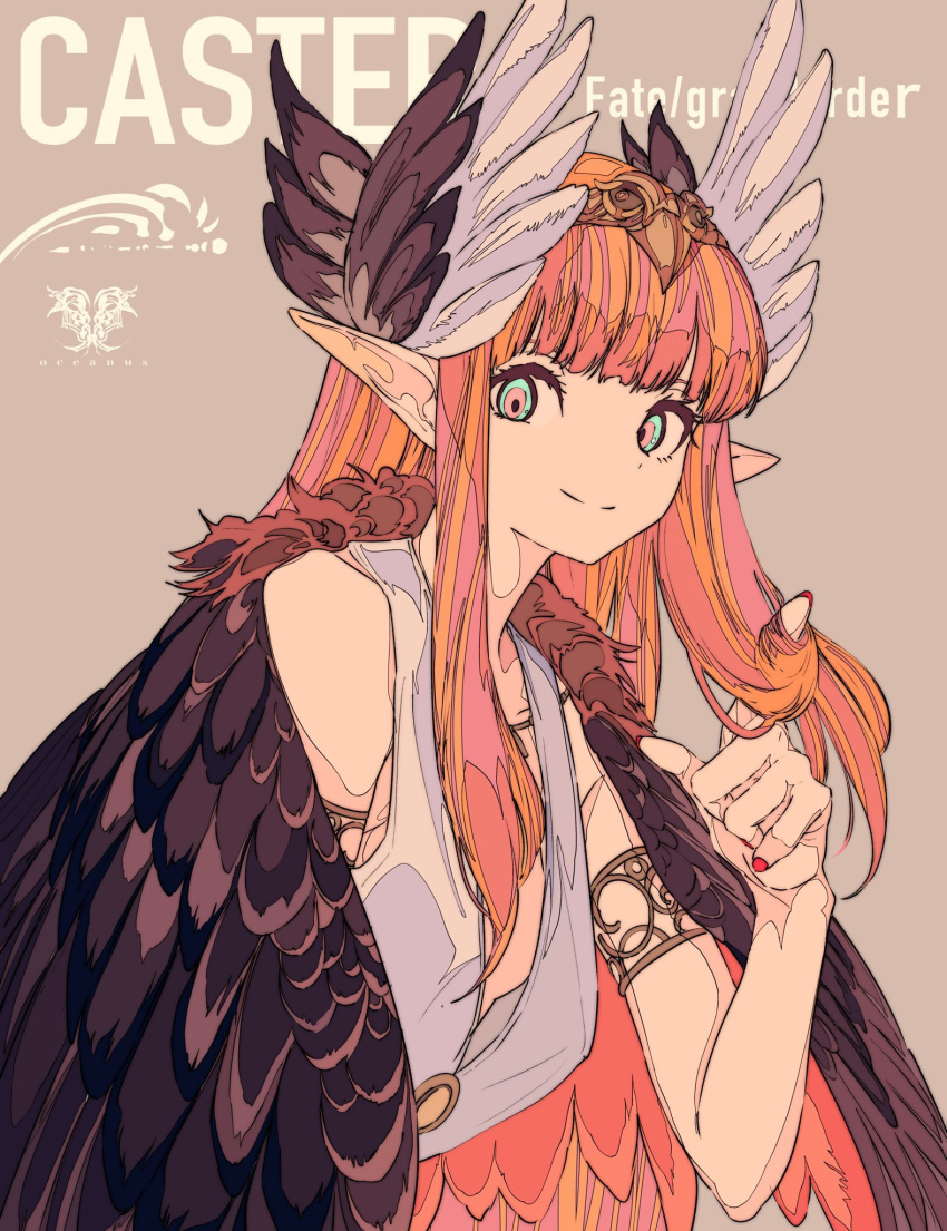 1girl bare_shoulders blue_eyes brown_background brown_wings circe_(fate/grand_order) closed_mouth commentary_request copyright_name dress fate/grand_order fate_(series) feathered_wings fingernails hair_tousle head_wings headpiece highres kogecha_(coge_ch) long_hair nail_polish orange_hair pointy_ears red_nails simple_background sleeveless sleeveless_dress smile solo very_long_hair white_dress white_wings wings