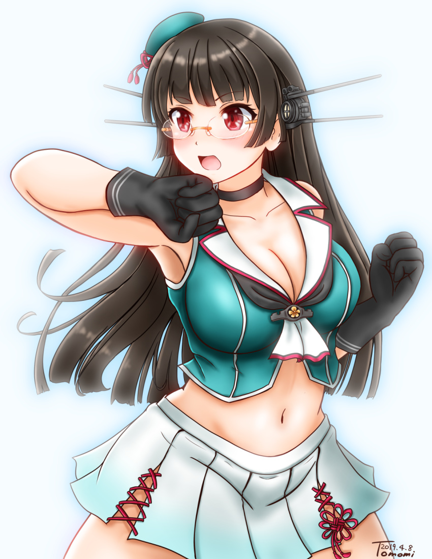1girl bare_shoulders beret black_gloves black_hair blush breasts brown_hair choukai_(kantai_collection) cleavage eyebrows_visible_through_hair glasses gloves gradient gradient_background hair_ornament hat headgear highres kantai_collection large_breasts long_hair midriff mini_hat navel open_mouth pleated_skirt red_eyes remodel_(kantai_collection) rimless_eyewear school_uniform serafuku skirt solo uratomomin white_skirt