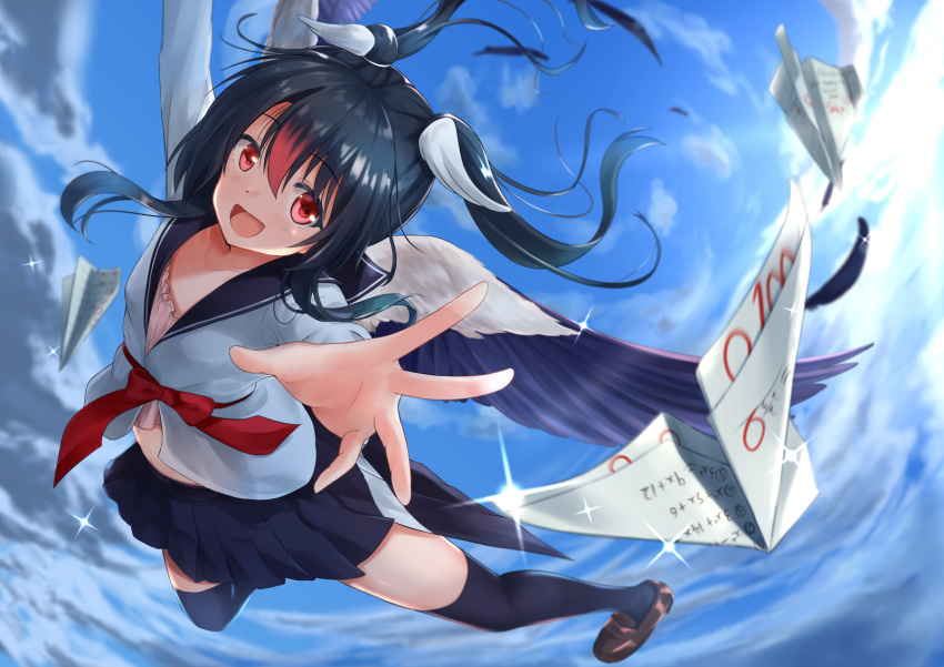 1girl akabane_hibame black_hair blue_legwear blue_skirt blush cloud cloudy_sky collarbone equation examination_paper feathered_wings feathers gesture_request hair_between_eyes hair_ornament hairband hairstyle_request highres in_the_air looking_at_viewer miniskirt multicolored_hair open_clothes open_mouth original paper paper_airplane red_ribbon ribbon school_uniform serafuku shirt shoes skirt sky smile socks twintails white_shirt wings