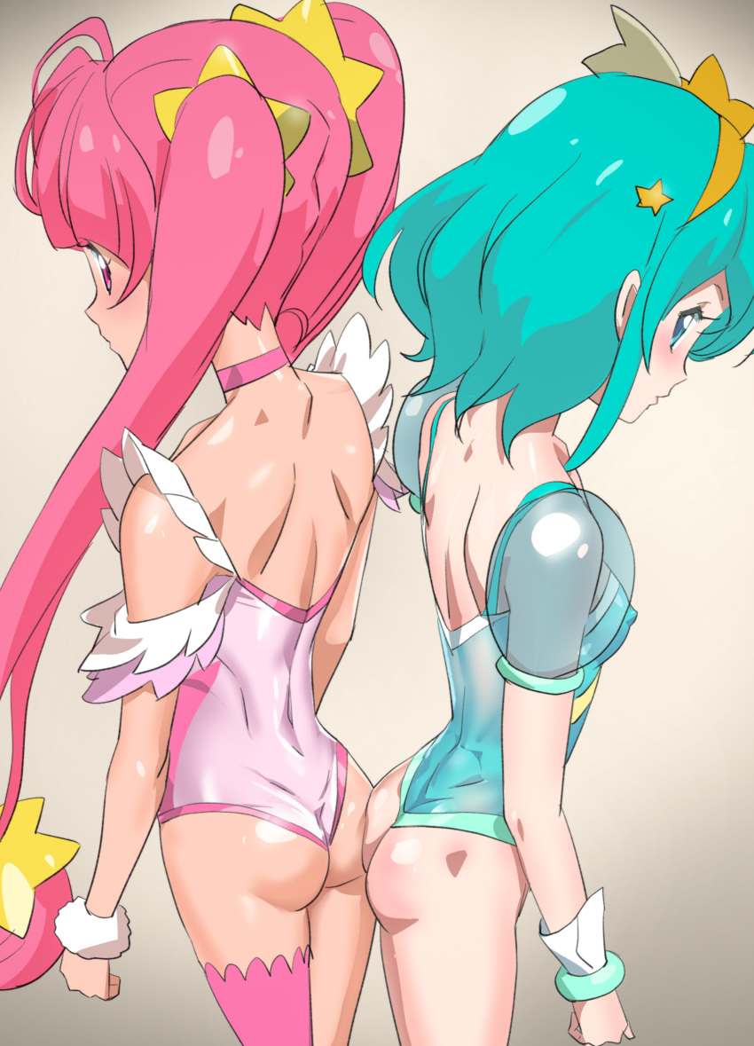 2girls absurdres adapted_costume ahoge aqua_eyes aqua_hair arms_at_sides ass ass-to-ass back back-to-back backless_outfit bangs bare_back bare_legs bare_shoulders blue_leotard blunt_bangs blush breasts choker clenched_hand cowboy_shot cure_milky cure_star erect_nipples female gloves gradient gradient_background grey_background hagoromo_lala hair_ornament hairband highres hoshina_hikaru legs leotard long_hair looking_at_viewer looking_back magical_girl multiple_girls neck ontaros pink_choker pink_hair pink_legwear pink_leotard precure profile see-through see-through_sleeves shiny shiny_clothes shiny_skin short_hair short_sleeves sidelocks single_thighhigh small_breasts standing star star_hair_ornament star_twinkle_precure thighhighs twintails very_long_hair white_gloves yellow_hairband yuri