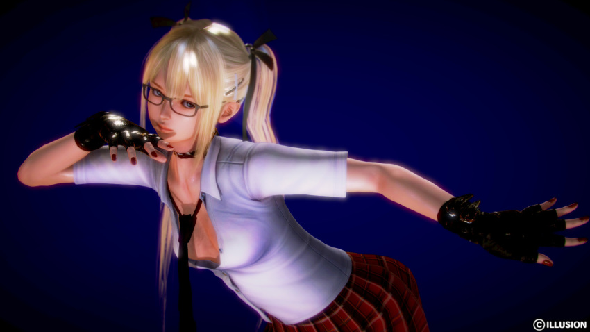 1girl 3d bespectacled blonde_hair blue_eyes breasts dead_or_alive fingerless_gloves glasses gloves hair_ornament hair_ribbon hairclip highres honey_select illusion_soft long_hair marie_rose necktie no_bra open_clothes open_shirt ribbon school_uniform sideboob small_breasts solo sunewaka tied_hair twintails x_hair_ornament