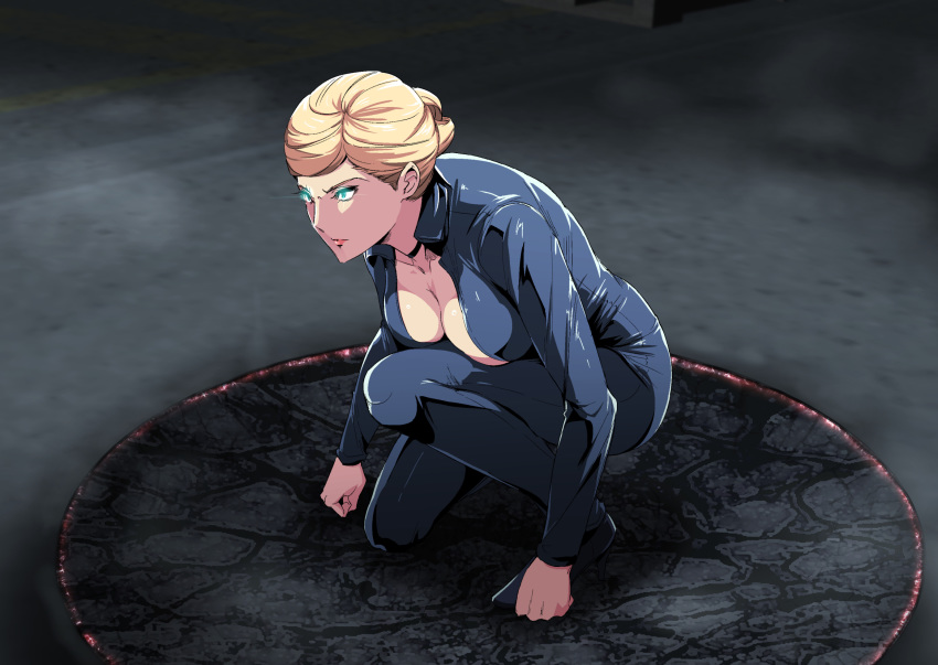 1girl blonde_hair bodysuit breasts choker cleavage clenched_hands closed_mouth feet floor folded_ponytail from_above glowing glowing_eyes gureko_rouman highres kneeling large_breasts latex latex_suit legs lipstick makeup outdoors red_lips solo terminator thighs