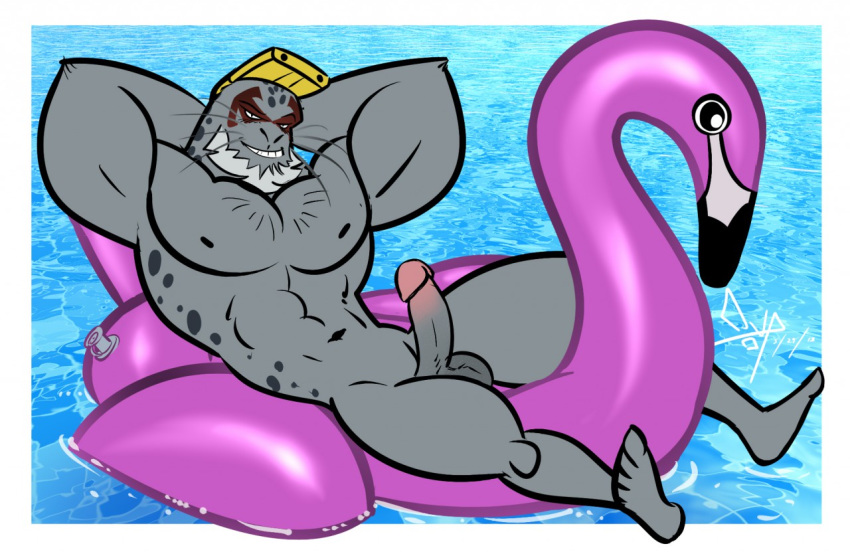 abs anthro avian balls beard bedroom_eyes bgn biceps bird erection eyewear facial_hair flamingo goggles grey_skin half-closed_eyes hands_behind_head inviting male mammal marine mature_male multicolored_penis muscular muscular_male my_hero_academia navel nipples nude outside pecs penis pinniped pool_toy seal seductive selkie_(my_hero_academia) smile smirk solo spots two_tone_penis water whiskers