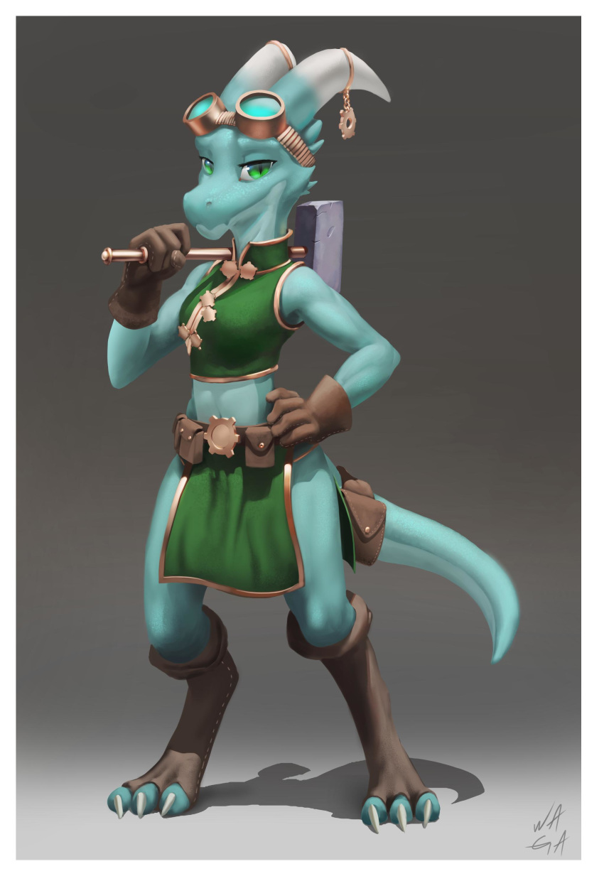 2019 3_toes 4_fingers absurd_res anthro belt biped blue_scales border breasts claws clothing crop_top digital_media_(artwork) digitigrade dungeons_&amp;_dragons eyelashes eyewear female full-length_portrait gloves goggles green_eyes grey_background hammer hi_res holding_object holding_weapon horn horn_decoration kobold loincloth looking_at_viewer navel portrait reptile scales scalie shirt simple_background smile solo standing tink toe_claws toes tools w4g4 weapon white_border white_horn