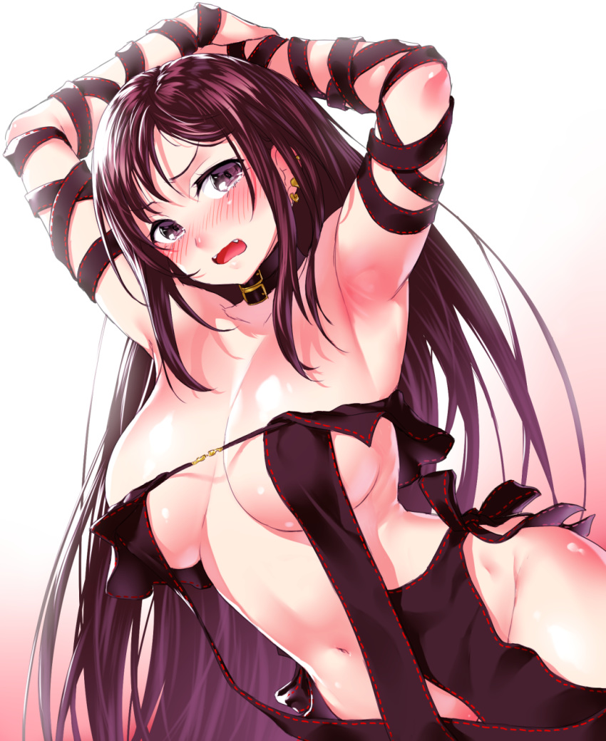 1girl armpits arms_behind_head arms_up bangs bare_shoulders blush breasts buckle cleavage collar commentary_request consort_yu_(fate) dutch_angle ear_piercing embarrassed eyebrows_visible_through_hair fangs fate/grand_order fate_(series) full-face_blush gradient gradient_background groin highres large_breasts long_hair looking_at_viewer navel nose_blush onsoku_maru open_mouth own_hands_together piercing plump purple_eyes purple_hair revealing_clothes ribbon_trim solo stomach tearing_up tears v-shaped_eyebrows very_long_hair white_background