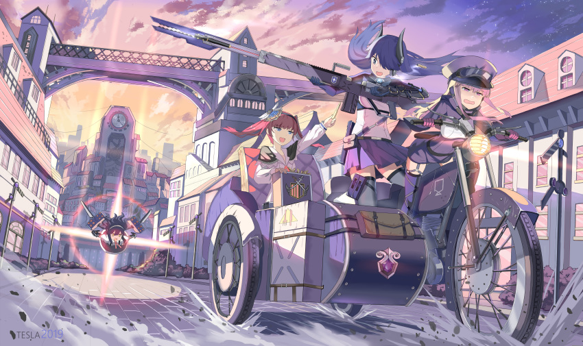 2019 4girls absurdres artist_name black_hair black_legwear blue_eyes blue_hair bridge brown_eyes gun hair_over_one_eye highres holding holding_gun holding_weapon huge_filesize long_hair looking_at_another mecha_musume multiple_girls open_mouth original outdoors oversized_object pink_eyes pink_hair purple_skirt qihai_lunpo sitting skirt smile standing sunset thighhighs twintails weapon