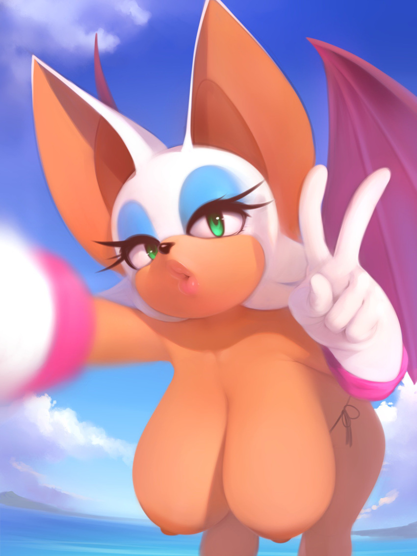 2019 absurd_res big_breasts bikini breasts chiropteran clothed clothing duckface female hanging_breasts hi_res looking_at_viewer mammal nipples plantpenetrator rouge_the_bat selfie solo sonic_(series) string_bikini swimsuit topless v_sign wings