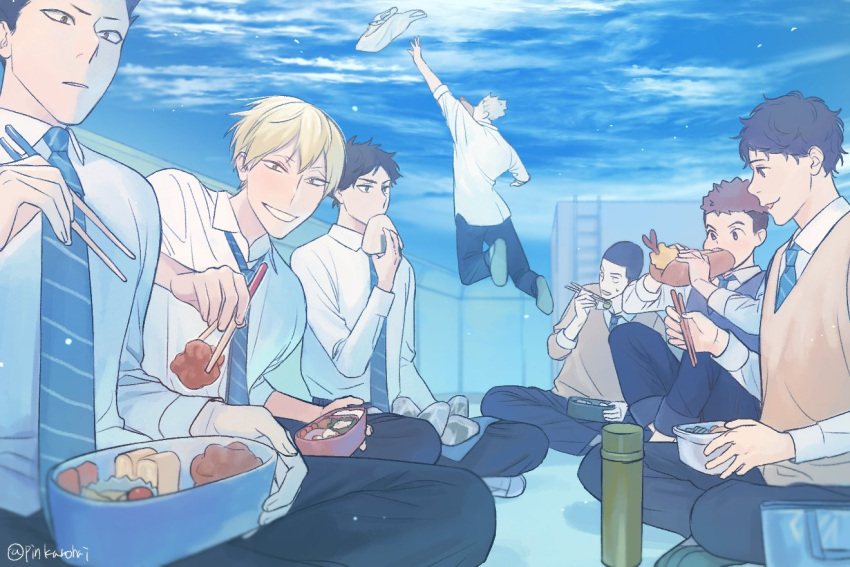 6+boys akaashi_keiji bag bento black_hair blonde_hair blue_eyes bokuto_koutarou chopsticks commentary_request eating food haikyuu!! holding holding_chopsticks holding_food jumping komi_haruki konoha_akinori long_sleeves looking_at_another multiple_boys necktie onaga_wataru onigiri pants parted_lips pinkurohai plastic_bag rooftop sarukui_yamato school_uniform shirt short_hair sitting sky smile sweatdrop twitter_username vest washio_tatsuki