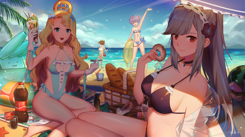 4girls azur_lane baguette beach_umbrella bikini blonde_hair blue_eyes bread breasts brown_hair bucket butterfly_hair_ornament character_request choker cleavage cloud dunkerque_(azur_lane) emile_bertin_(azur_lane) food gloves grey_hair hair_ornament hair_ribbon hairband highres ice_cream innertube javelin_(azur_lane) large_breasts long_hair looking_at_viewer lotion medium_breasts multiple_girls ocean open_mouth palm_tree picnic_basket ponytail purple_hair red_eyes ribbon sand_castle sand_sculpture shade sitting small_breasts smile soda_bottle standing starfish sunscreen swimsuit tree umbrella white_gloves xtears_kitsune