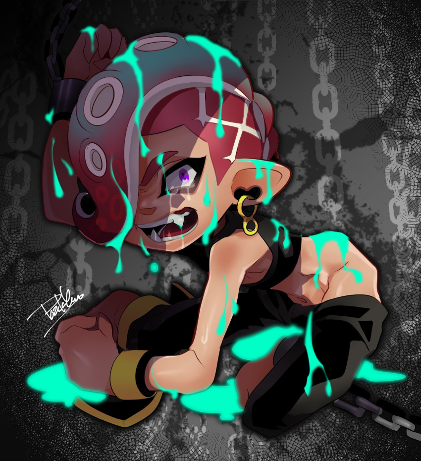 1boy bound cephalopod_eyes chain chained chained_wrists chains commentary_request crop_top cuffs earrings fangs highres ink_stain isamu-ki_(yuuki) jewelry kneeling looking_at_viewer makeup mascara midriff navel octoling paint_splatter pointy_ears purple_eyes red_hair restrained splatoon splatoon_(series) splatoon_2 splatoon_2:_octo_expansion squidbeak_splatoon stomach tears tentacle_hair