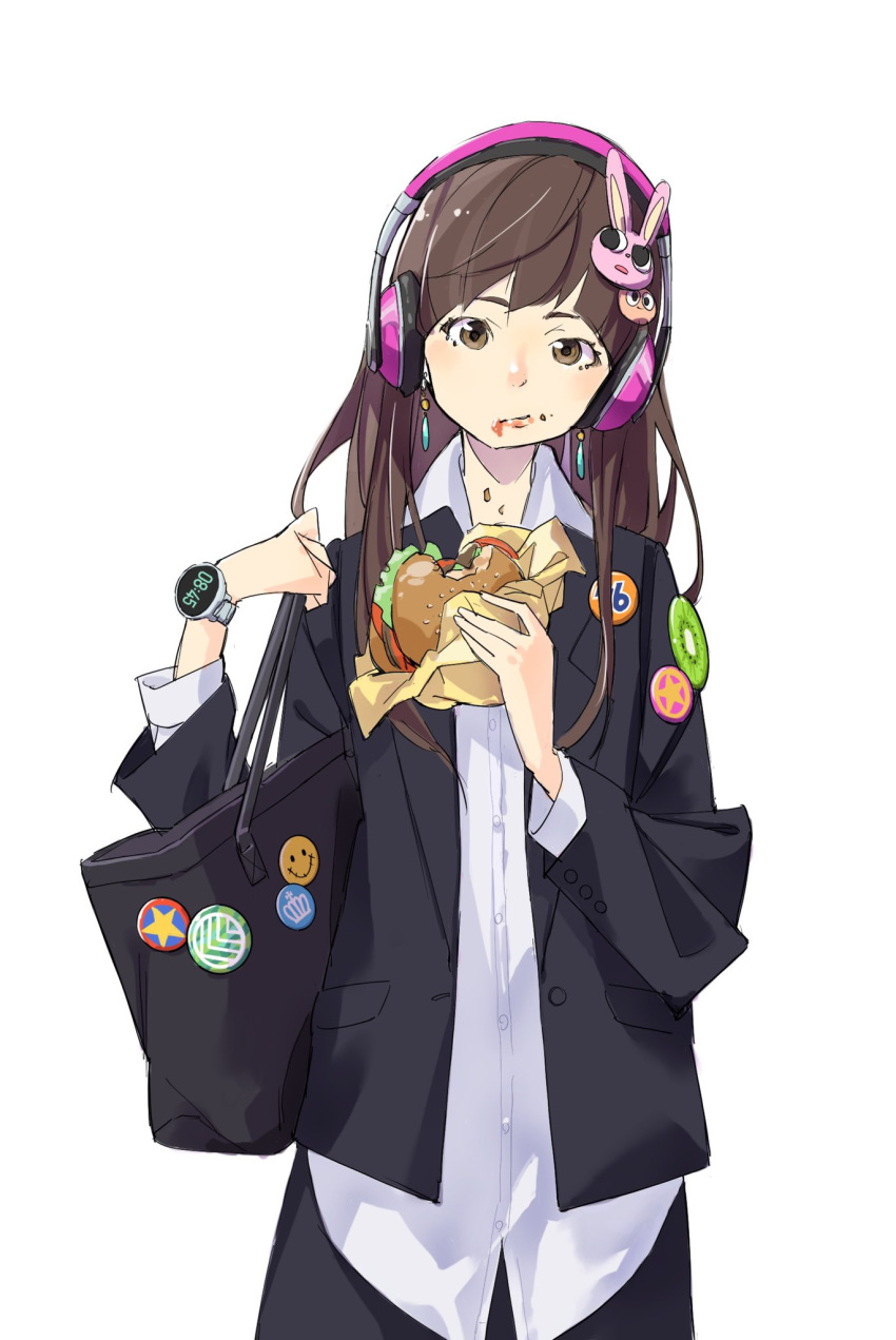1girl alternate_costume bag black_shirt brown_eyes brown_hair bunny_hair_ornament buttons clock commentary_request d.va_(overwatch) digital_clock earrings food food_on_face hair_ornament handbag headphones highres holding holding_food jewelry long_hair long_sleeves looking_at_viewer overwatch popman3580 sandwich shirt siblings solo stain watch white_background wristwatch