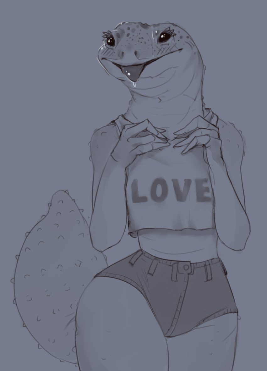 2018 4_fingers absurd_res african_fat-tailed_gecko anthro belly_scales biped blep clothed clothing cutoffs denim_shorts digital_drawing_(artwork) digital_media_(artwork) drooling english_text eublepharid eyelashes fat-tailed_gecko female flat_chested front_view gecko grey_background greyscale half-length_portrait hand_on_chest happy hi_res lighting lizard midriff monochrome nubbed_tail portrait reptile saliva scales scalie shadow shiny shirt shorts simple_background small_waist smile solo standing sunny_(tinyfaceart) tank_top text thick_tail tinyfaceart tongue tongue_out wide_hips