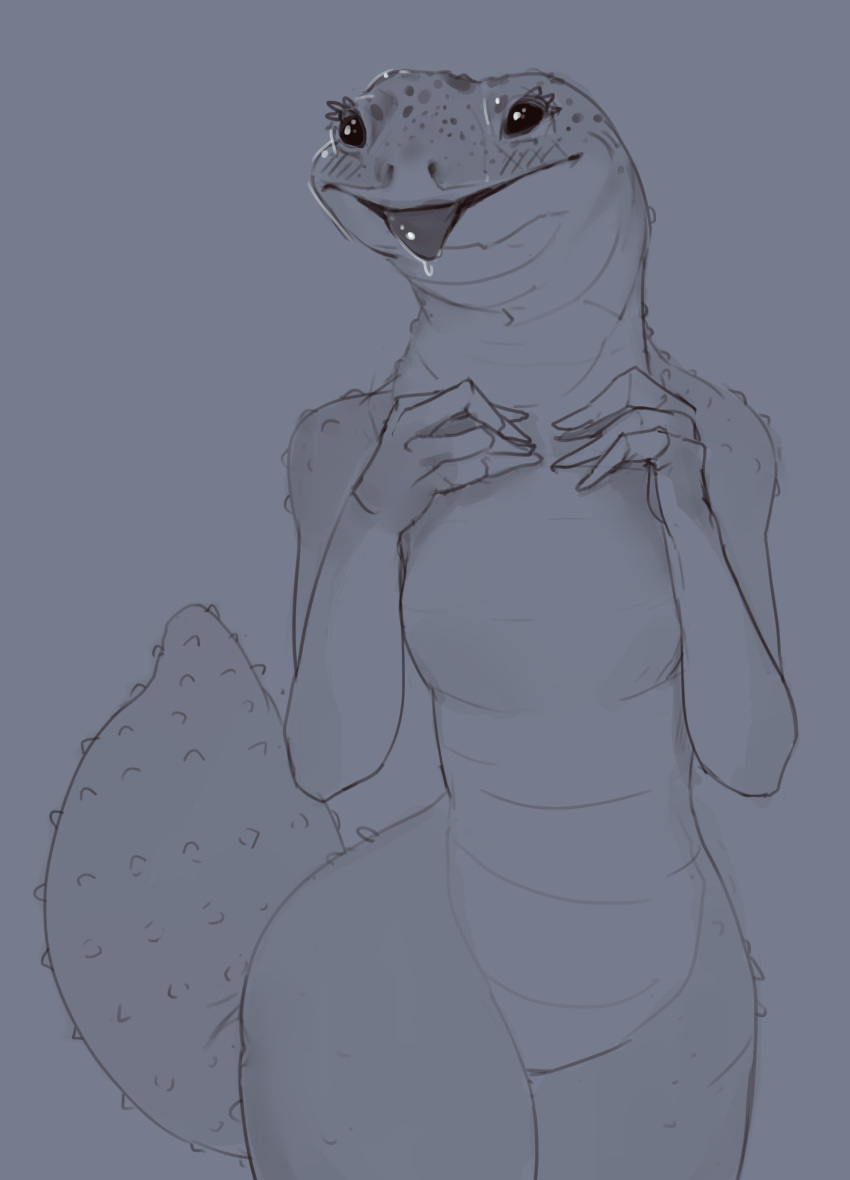 2018 4_fingers absurd_res african_fat-tailed_gecko anthro belly_scales biped blep breasts digital_drawing_(artwork) digital_media_(artwork) drooling eublepharid eyelashes fat-tailed_gecko featureless_crotch female front_view gecko grey_background greyscale half-length_portrait hand_on_chest happy hi_res lighting lizard monochrome non-mammal_breasts nubbed_tail nude portrait reptile saliva scales scalie shadow shiny simple_background small_breasts small_waist smile solo standing sunny_(tinyfaceart) thick_tail tinyfaceart tongue tongue_out wide_hips