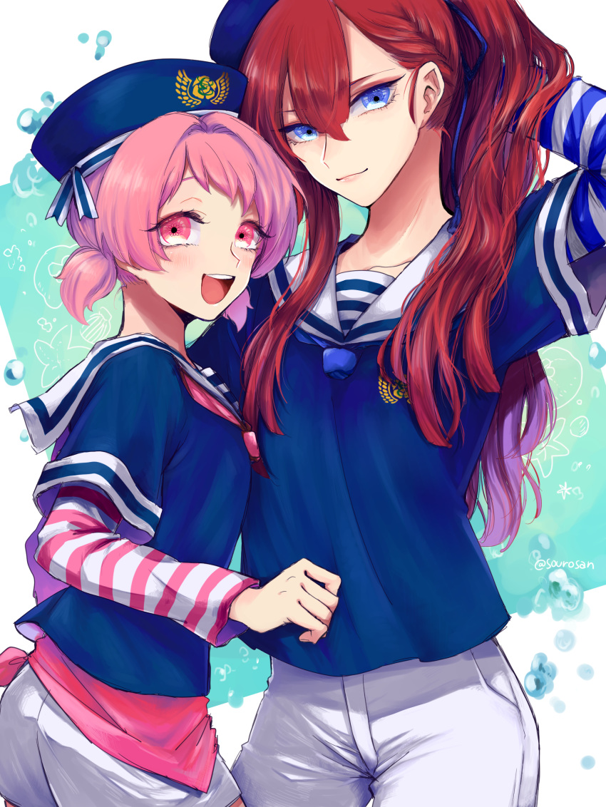 2boys absurdres blue_eyes dixie_cup_hat hair_ribbon hat highres king_of_prism_by_prettyrhythm looking_at_viewer military_hat multiple_boys pink_eyes ponytail pretty_rhythm red_hair ribbon sailor sailor_hat saionji_leo short_shorts short_twintails shorts tachibana_yukinojou teruteru-san twintails white_shorts