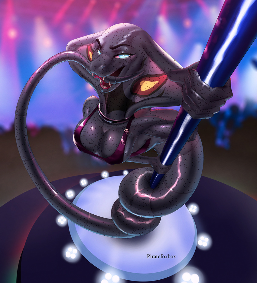arbok bikini bottomless breasts clothed clothing female hi_res looking_at_viewer naga nintendo nipples open_mouth piratefoxbox pok&eacute;mon pok&eacute;mon_(species) pole reptile scalie snake solo stripper_pole swimsuit tongue video_games