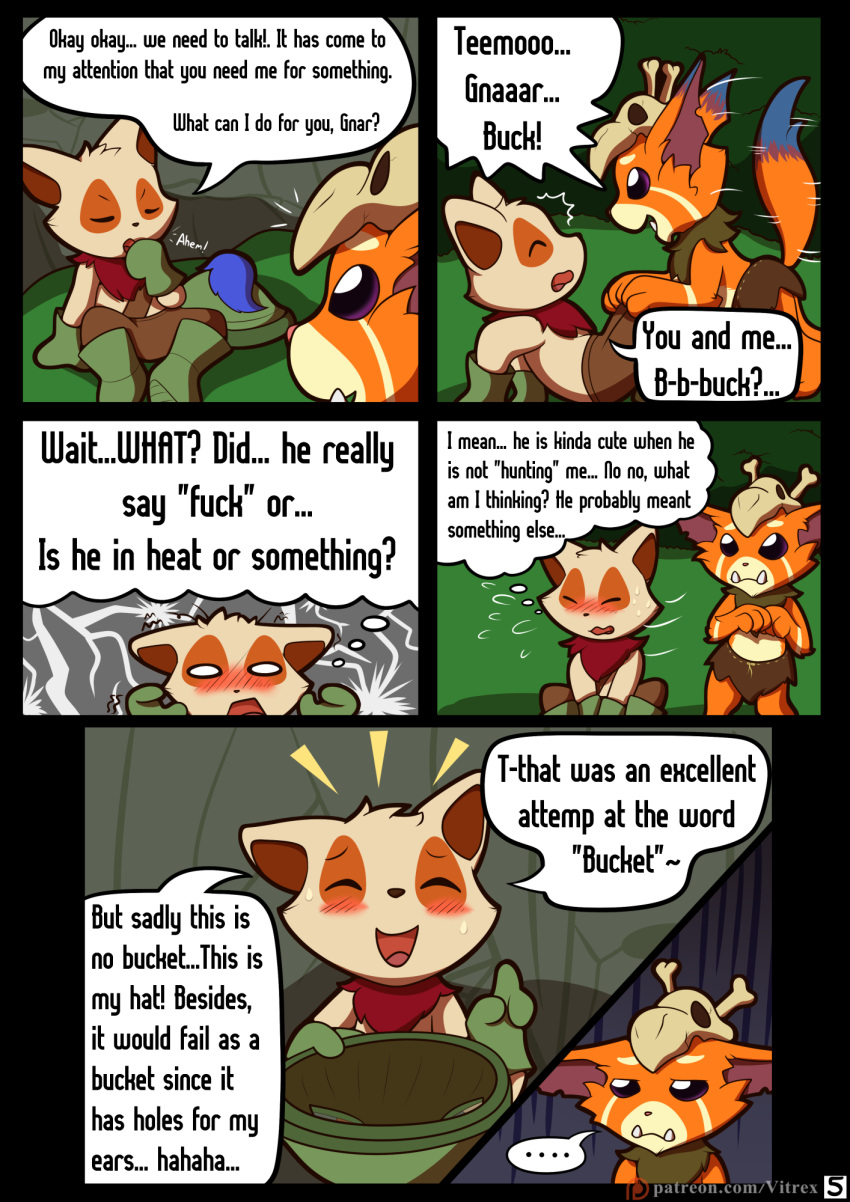 blush clothed clothing comic dialogue digital_media_(artwork) fur gnar_(lol) hi_res league_of_legends male riot_games smile speech_bubble teemo_(lol) text video_games vitrex yordle