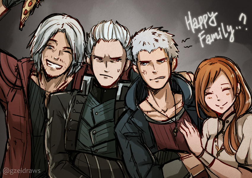 1girl 3boys anger_vein coat commentary crossed_arms dante_(devil_may_cry) devil_may_cry devil_may_cry_5 english_commentary english_text facial_hair father_and_son food gradient gradient_background gzei hetero kyrie multiple_boys nero_(devil_may_cry) one_eye_closed pizza red_coat smile sweat tagme teeth vergil white_hair